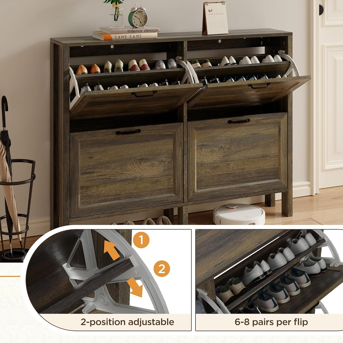 LOUVIXA Shoe Cabinet with 4 Flip Drawers, Narrow Shoe Storage Cabinet, Freestanding Shoe Cabinet Organizer, Hidden Shoe Rack Cabinet for Entryway, Hallway (4-Drawers, Brown/4-drawers)