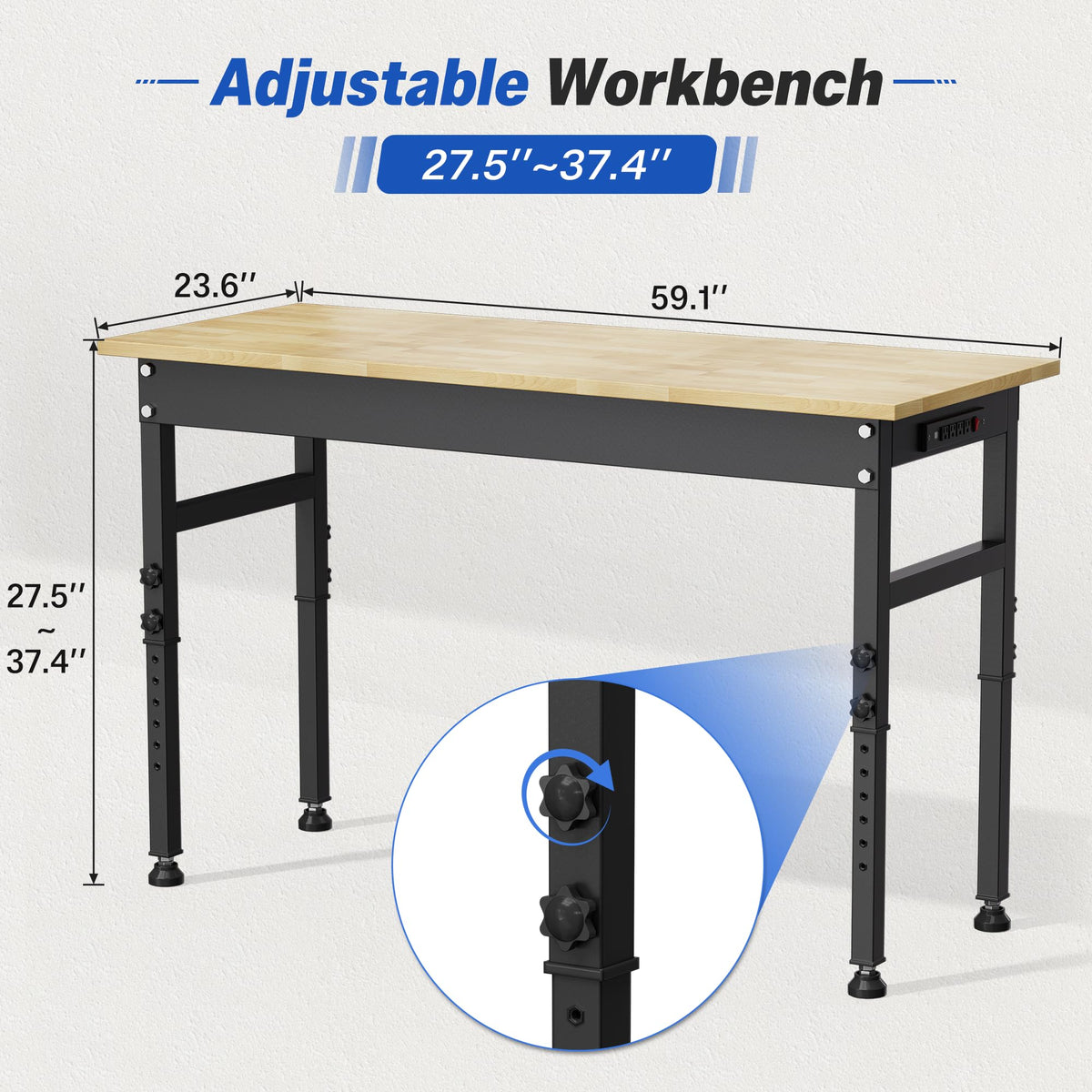 94.5" Heavy Duty Workbench, Height Adjustable Garage Work Table, Workstation Desk with Power Strip2, Workbench with Pegboard, 2000LBS Max Load
