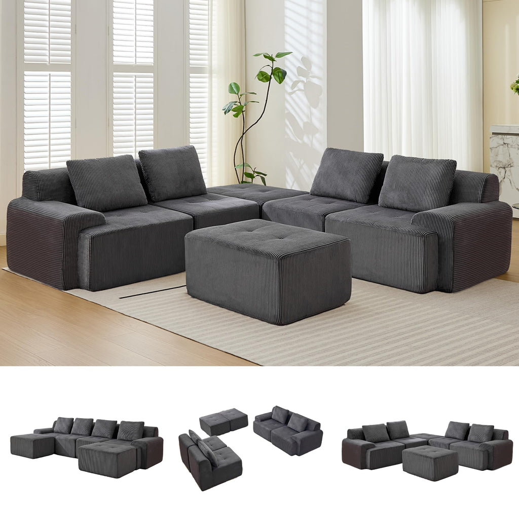 Modular Sectional Sofa, Boneless Couches for Living Room, Corduroy Couch, Big Comfy Couch, Modular Cloud Sofa with Deep Seat (Grey, 2 Pieces-Loveseat)