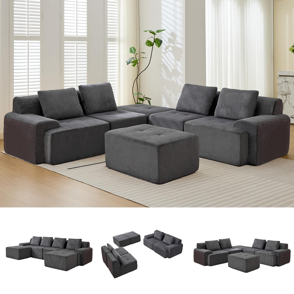 Modular Sectional Sofa, Boneless Couches for Living Room, Corduroy Couch, Big Comfy Couch, Modular Cloud Sofa with Deep Seat (Grey, 2 Pieces-Loveseat)