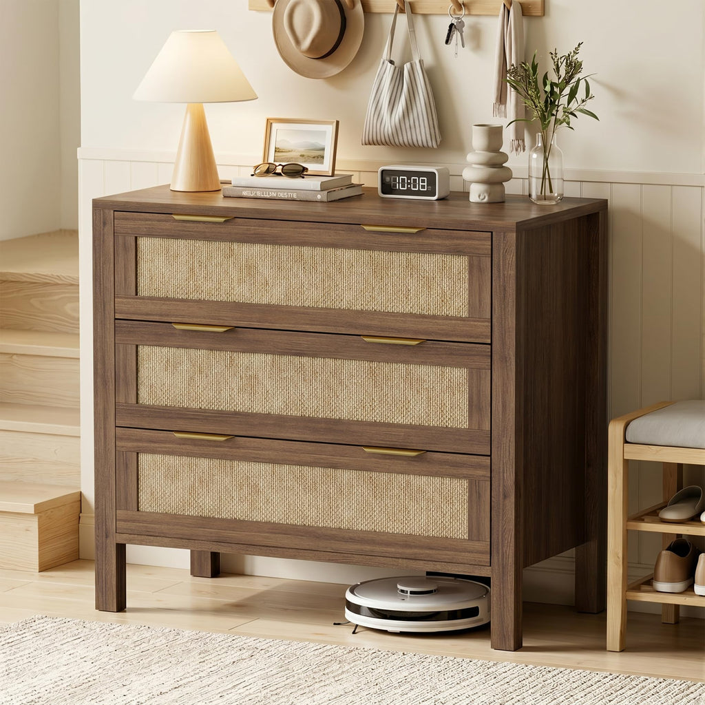 LOUVIXA Rattan Chest of Dressers, Wooden Drawer Dresser, 9 Drawers Rattan Dresser for Bedroom, Living Room, Hallway (Black, 9 Drawers)