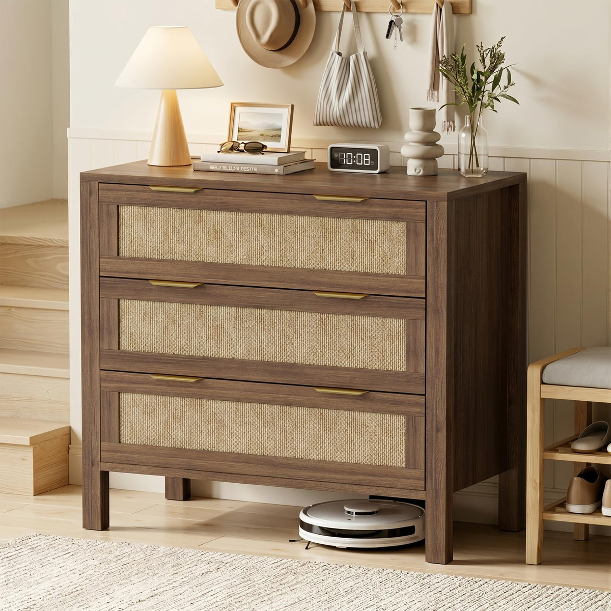 LOUVIXA Rattan Chest of Dressers, Wooden Drawer Dresser, 9 Drawers Rattan Dresser for Bedroom, Living Room, Hallway (Black, 9 Drawers)