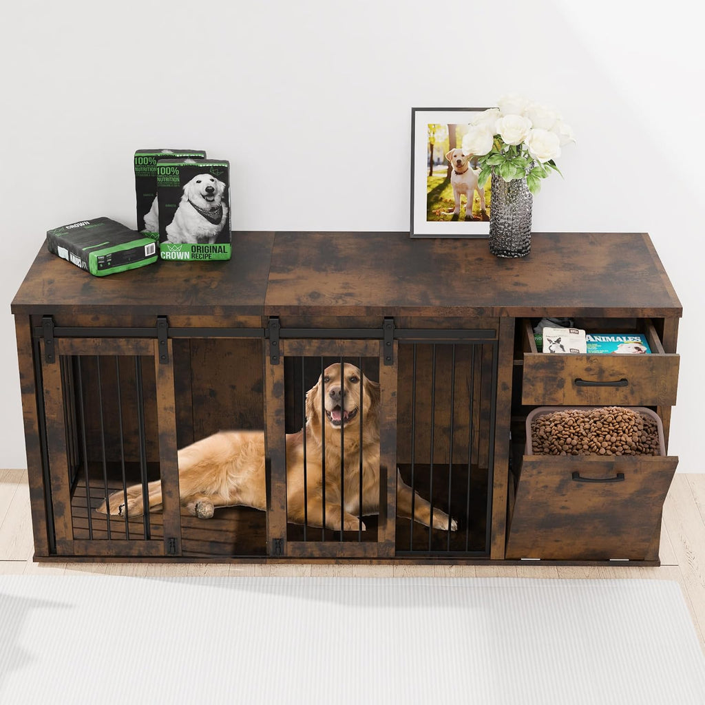 71" Large Dog Crate Furniture for 2 Dogs, Wood Dog Kennel with Drawer, Furniture Style Dog Crates, Decorative Dog Crate with Tilt Out Trash Cabinet, Divider and Sliding Barn Door (Retro Bright Brown)