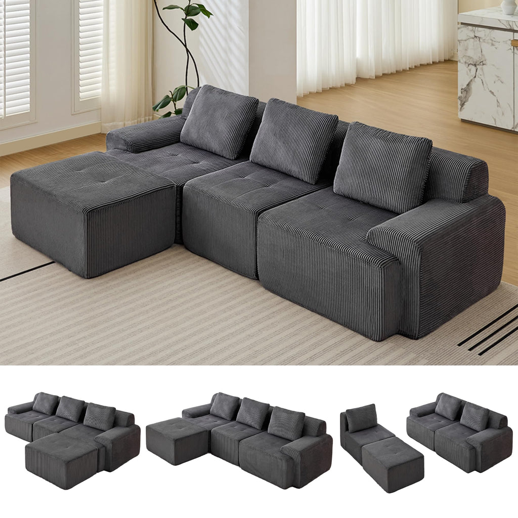 Modular Sectional Sofa, Boneless Couches for Living Room, Corduroy Couch, Big Comfy Couch, Modular Cloud Sofa with Deep Seat (Grey, 2 Pieces-Loveseat)