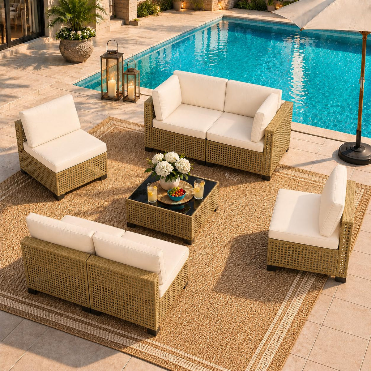LOUVIXA 7 Piece Outdoor Patio Furniture Set, Rattan Chairs Glass Table Wicker Conversation Seating Sectional Sofa with Cushions (Brown-Camel, 7Pcs-2 Layer Coffee Table)