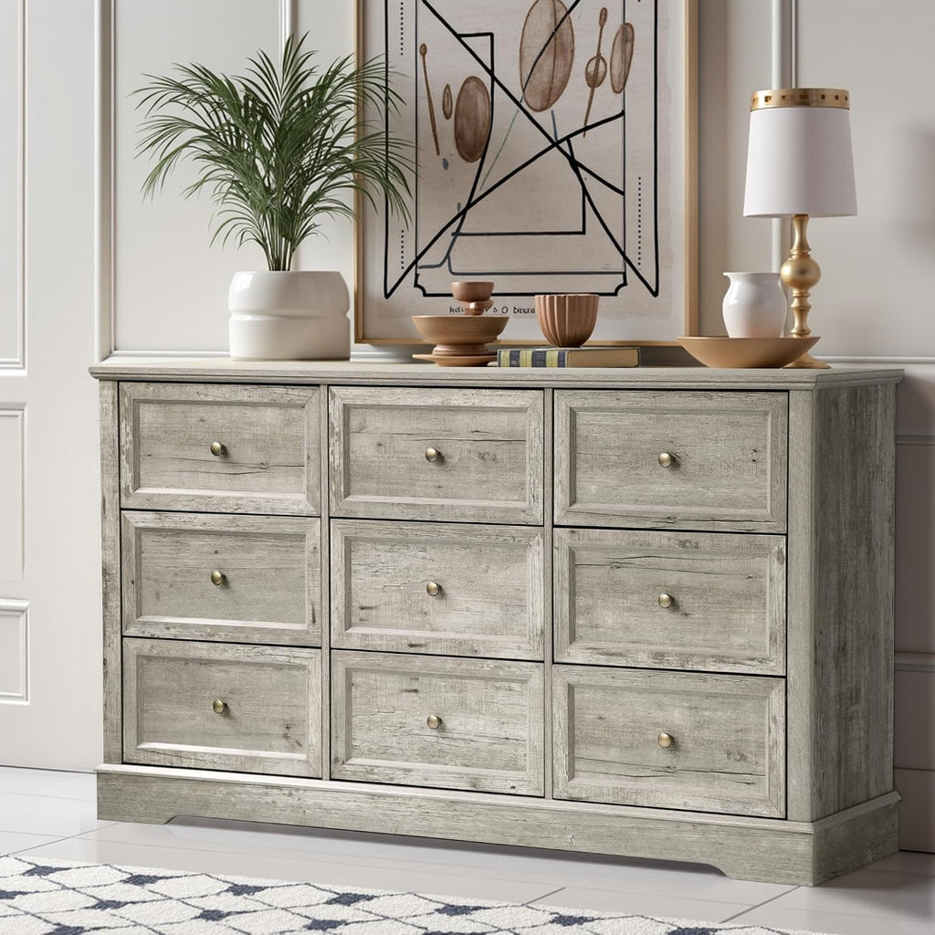 LOUVIXA Farmhouse Dresser 9 Drawer, Bedroom Chest of Drawers, Dressers with 9 Drawers, Wooden Dressers for Bedroom, Living Room, Tv Stand, Entryway(Rustic Yellow)