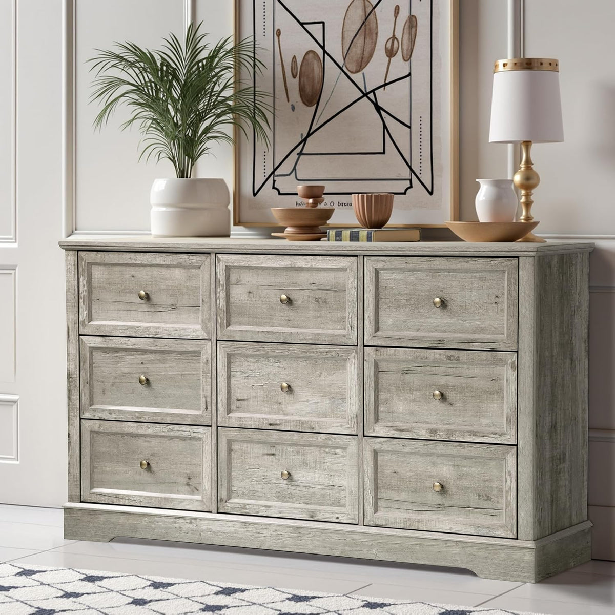 LOUVIXA Farmhouse Dresser 9 Drawer, Bedroom Chest of Drawers, Dressers with 9 Drawers, Wooden Dressers for Bedroom, Living Room, Tv Stand, Entryway(Rustic Yellow)