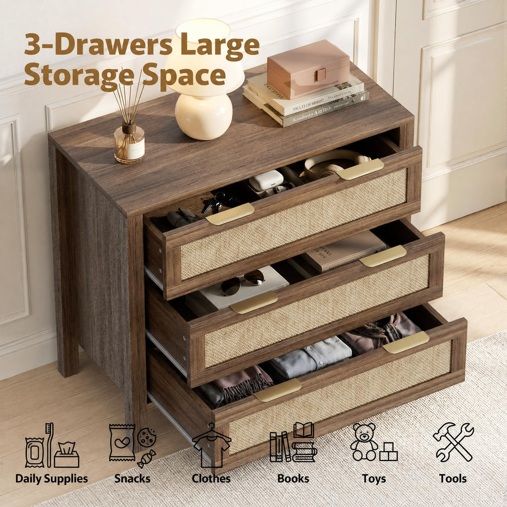 LOUVIXA Rattan Chest of Dressers, Wooden Drawer Dresser, 9 Drawers Rattan Dresser for Bedroom, Living Room, Hallway (Black, 9 Drawers)