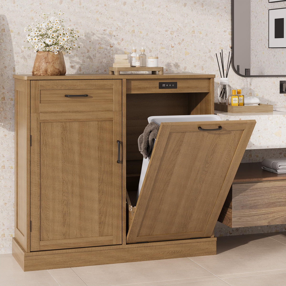 LOUVIXA Double Tilt Out Trash Cabinet, Kitchen Island with Trash Storage, Trashcan Cabinet for Kitchens, Wood Cabinet with Trash Can Pull Out, Dog Proof Trash Can (Off White, 20 Gal)