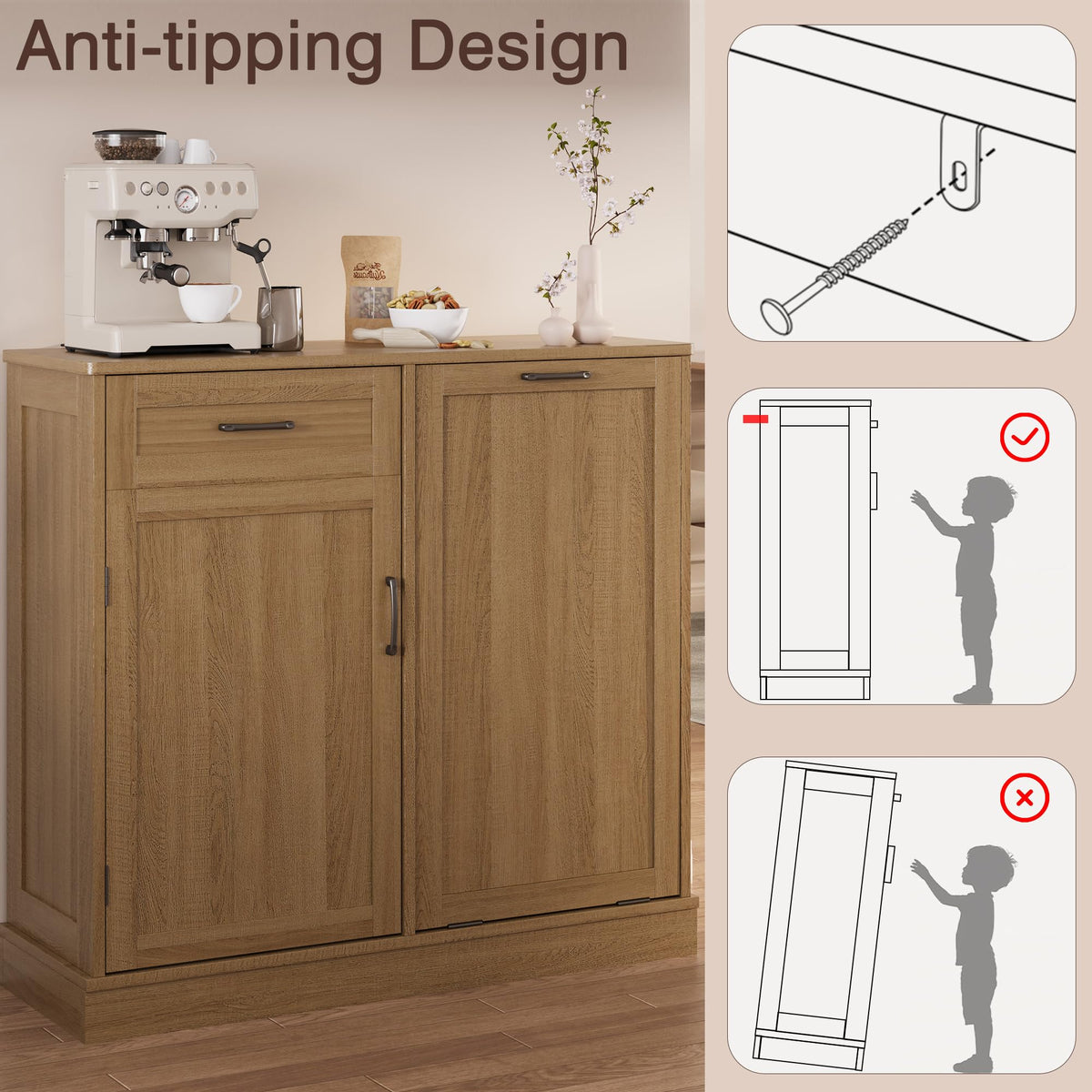 LOUVIXA Double Tilt Out Trash Cabinet, Kitchen Island with Trash Storage, Trashcan Cabinet for Kitchens, Wood Cabinet with Trash Can Pull Out, Dog Proof Trash Can (Off White, 20 Gal)