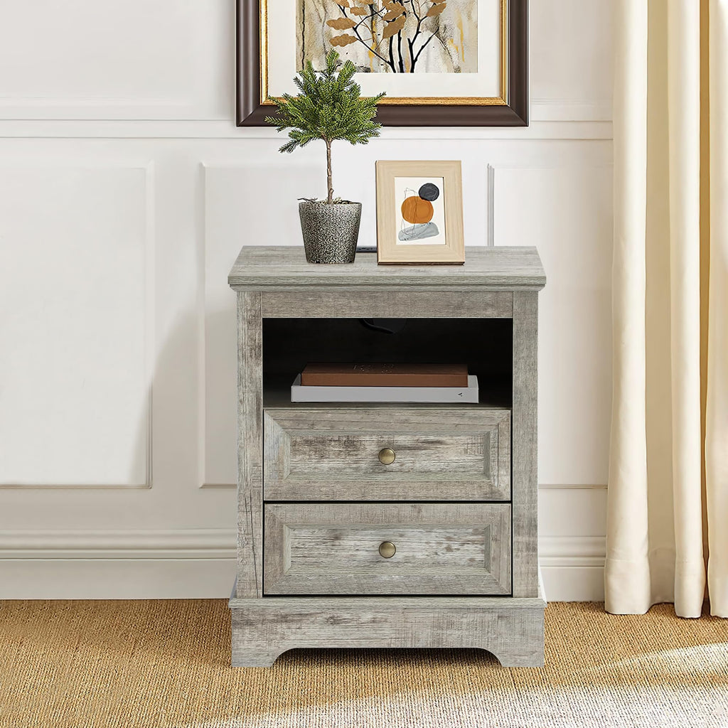 LOUVIXA Nightstand with Charging Station, Farmhouse Night Stand with 2 Drawers, Bedside Cabinet for Bedroom, End Table Side Table with Storage (1, White)
