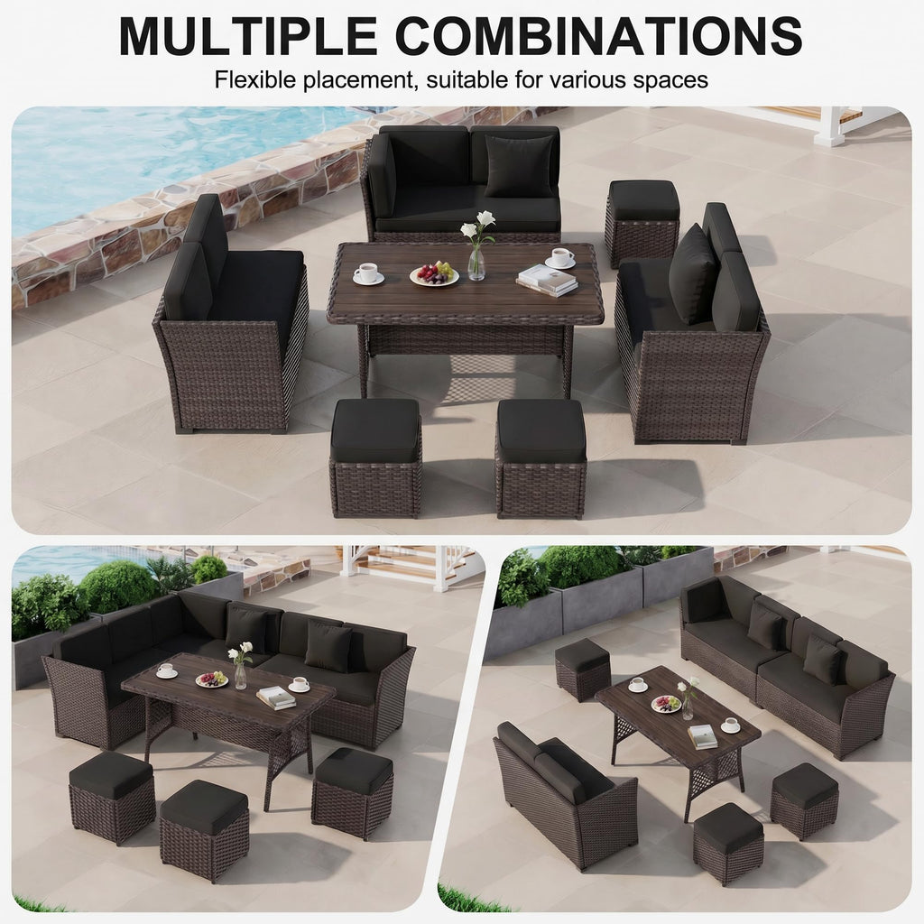 LOUVIXA 7 Pieces Patio Furniture Set, Outdoor Patio Furniture, Wicker Conversation Set with Dining Table, Chairs and Ottoman (6237 Grey-Brown)