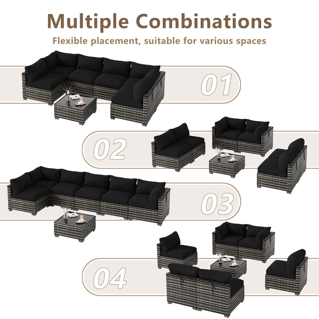 LOUVIXA 7 Piece Outdoor Patio Furniture Set, Rattan Chairs Glass Table Wicker Conversation Seating Sectional Sofa with Cushions (Brown-Camel, 7Pcs-2 Layer Coffee Table)