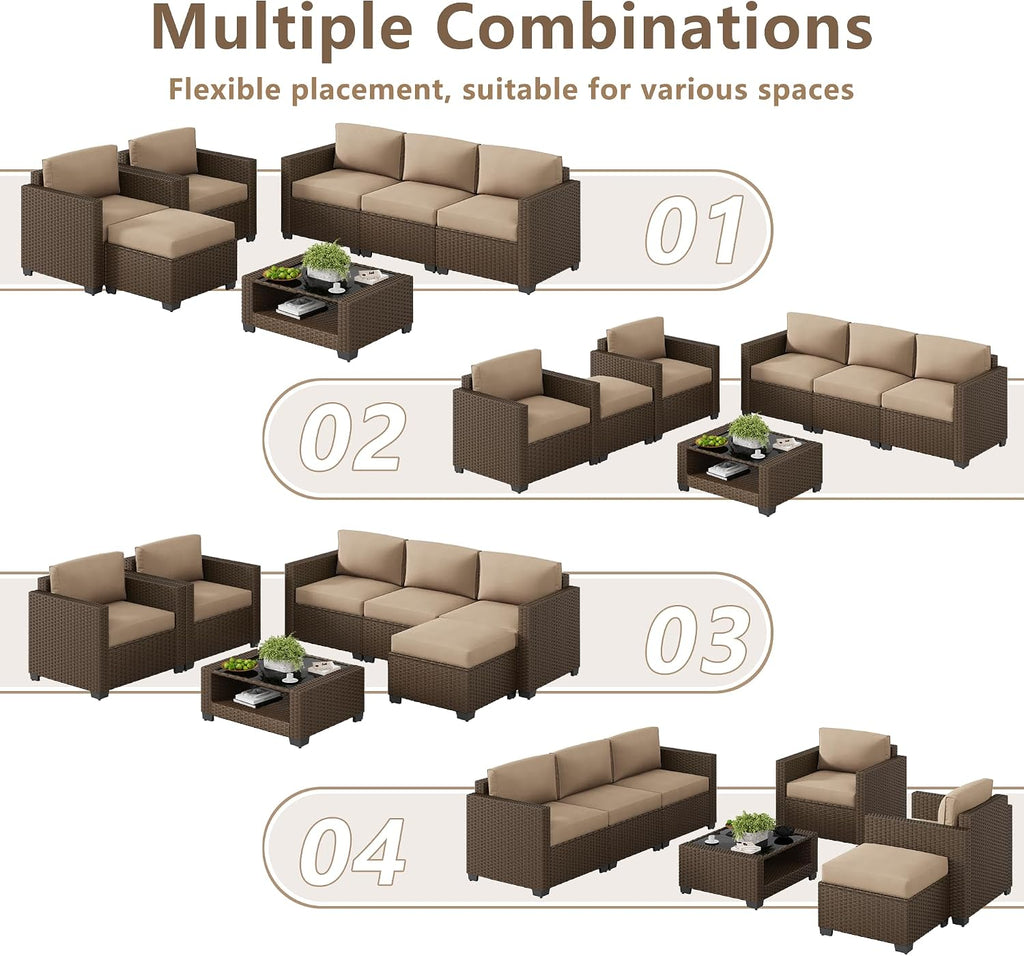 LOUVIXA 7 Piece Outdoor Patio Furniture Set, Rattan Chairs Glass Table Wicker Conversation Seating Sectional Sofa with Cushions (Brown-Camel, 7Pcs-2 Layer Coffee Table)