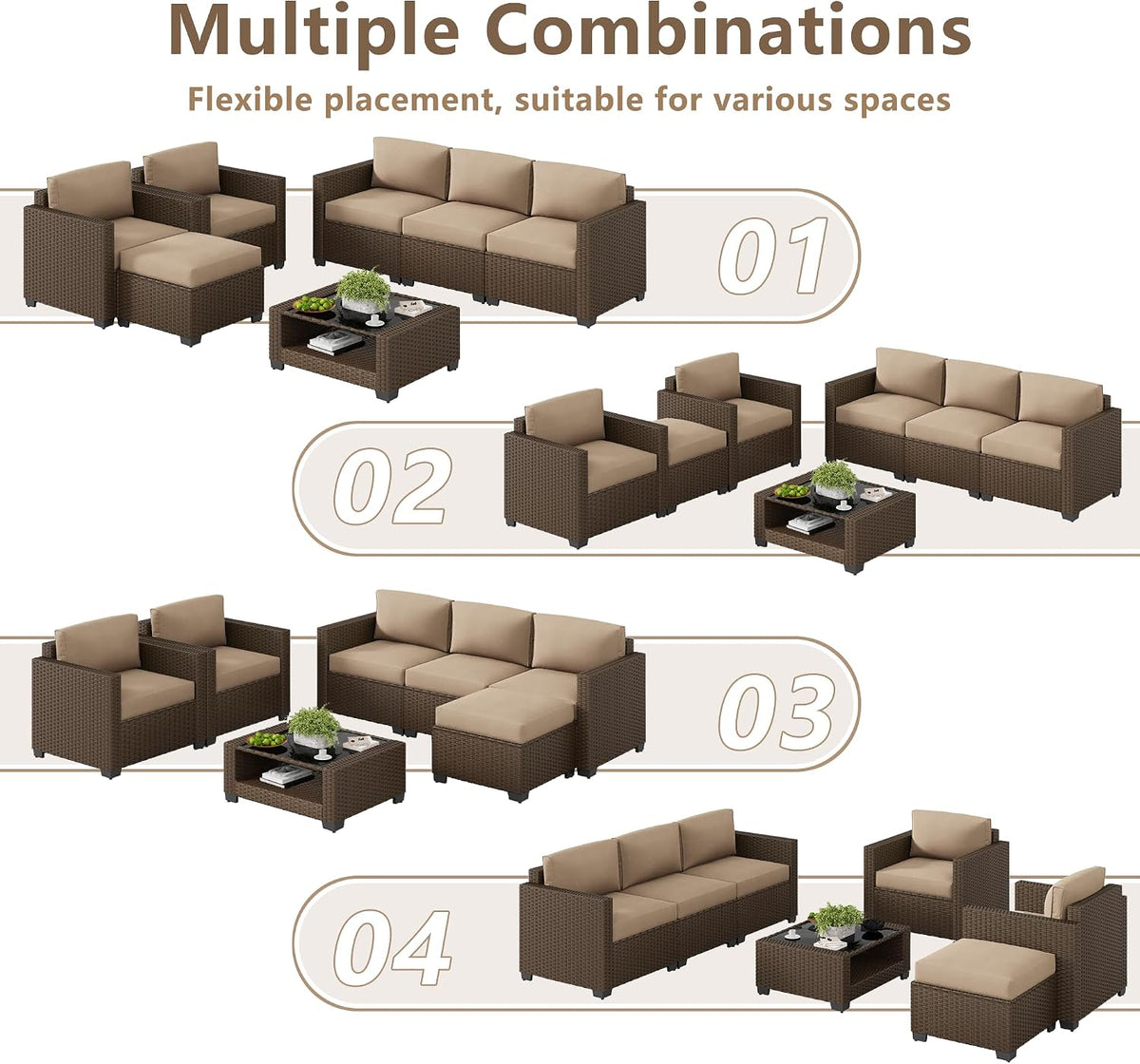 LOUVIXA 7 Piece Outdoor Patio Furniture Set, Rattan Chairs Glass Table Wicker Conversation Seating Sectional Sofa with Cushions (Brown-Camel, 7Pcs-2 Layer Coffee Table)