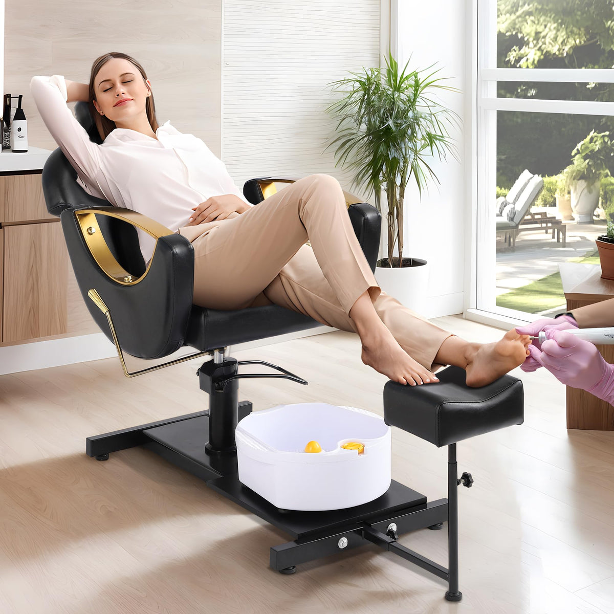 LOUVIXA Pedicure Station No Plumbing, Hydraulic Pedicure Chair for Nail Tech, Height Adjustable Reclining Pedicure Station Unit, with Massage Foot Bath (Cream White-Pillow)