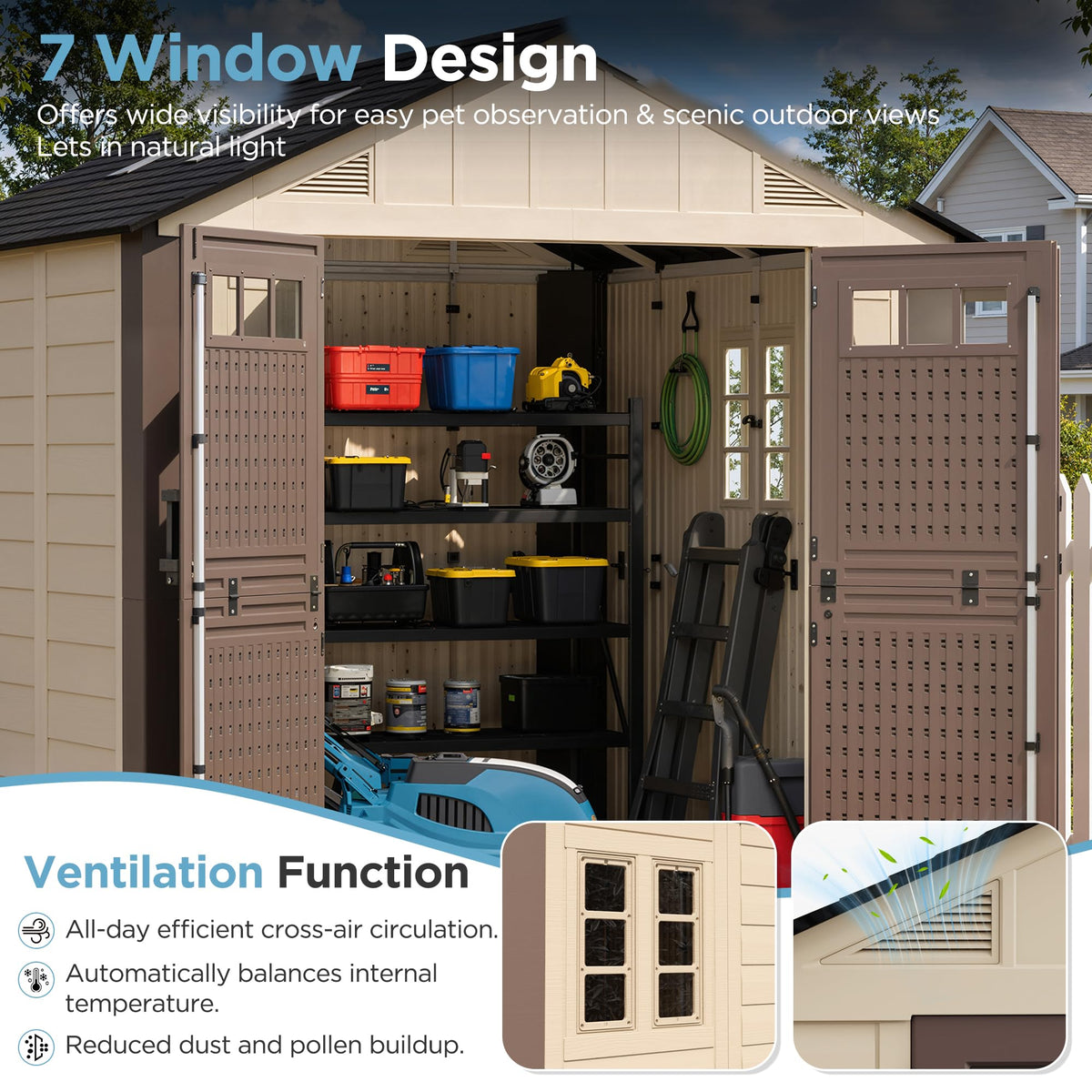 8x6 Resin Shed with Floor, Plastic Storage Shed with Window, Outside Storage Sheds with Lockable Door, Vents for Backyard, Garden, Lawn (8FTx6FT)