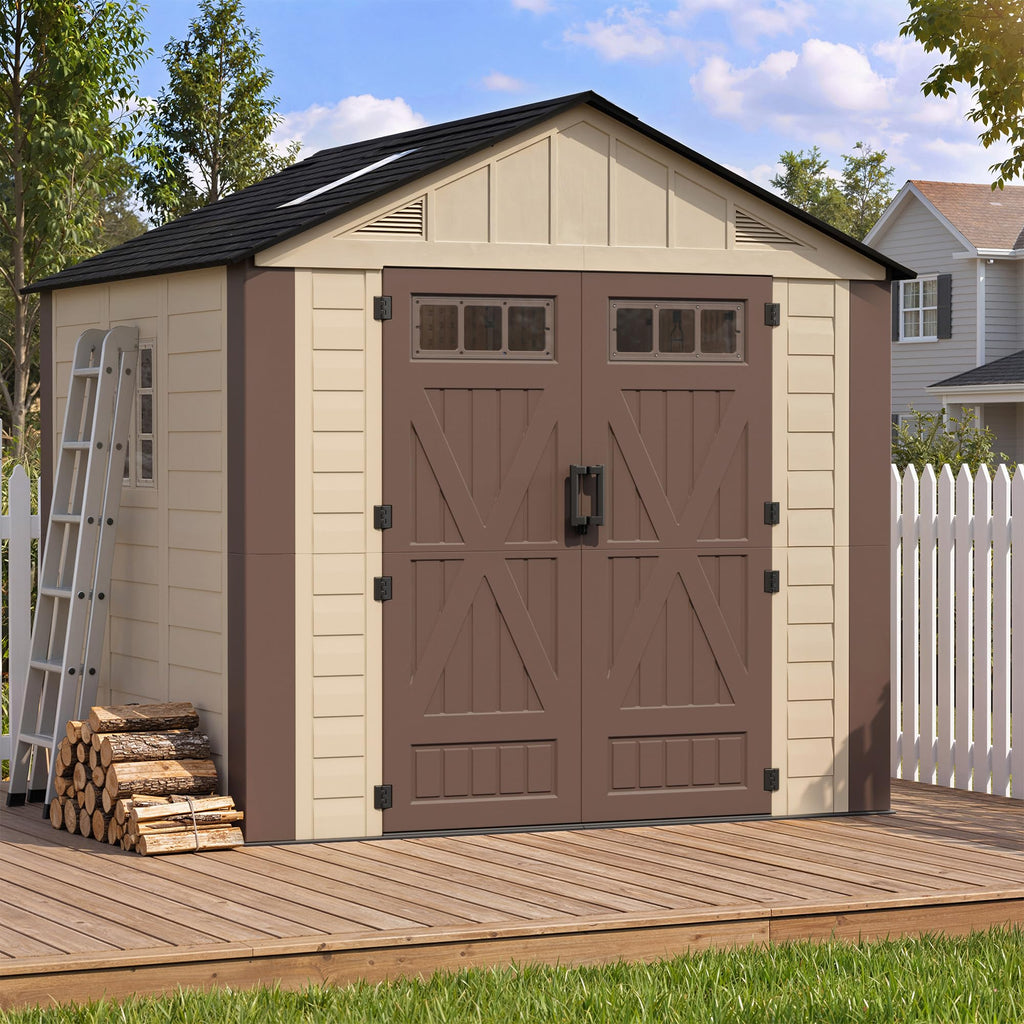 8x6 Resin Shed with Floor, Plastic Storage Shed with Window, Outside Storage Sheds with Lockable Door, Vents for Backyard, Garden, Lawn (8FTx6FT)