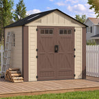 8x6 Resin Shed with Floor, Plastic Storage Shed with Window, Outside Storage Sheds with Lockable Door, Vents for Backyard, Garden, Lawn (8FTx6FT)
