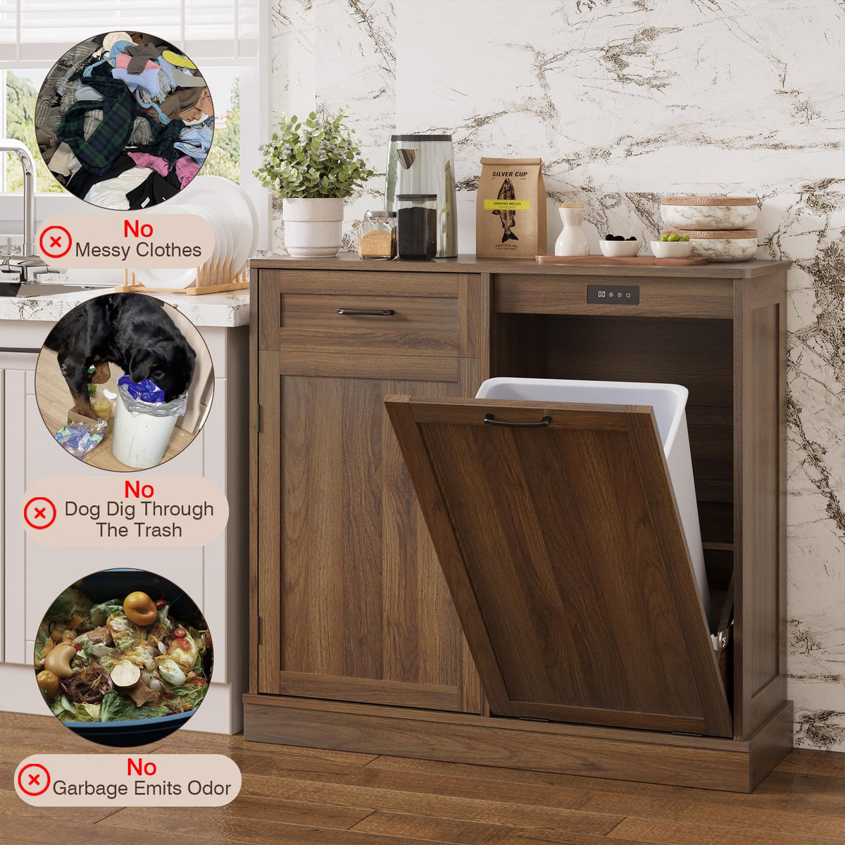 LOUVIXA Double Tilt Out Trash Cabinet, Kitchen Island with Trash Storage, Trashcan Cabinet for Kitchens, Wood Cabinet with Trash Can Pull Out, Dog Proof Trash Can (Off White, 20 Gal)