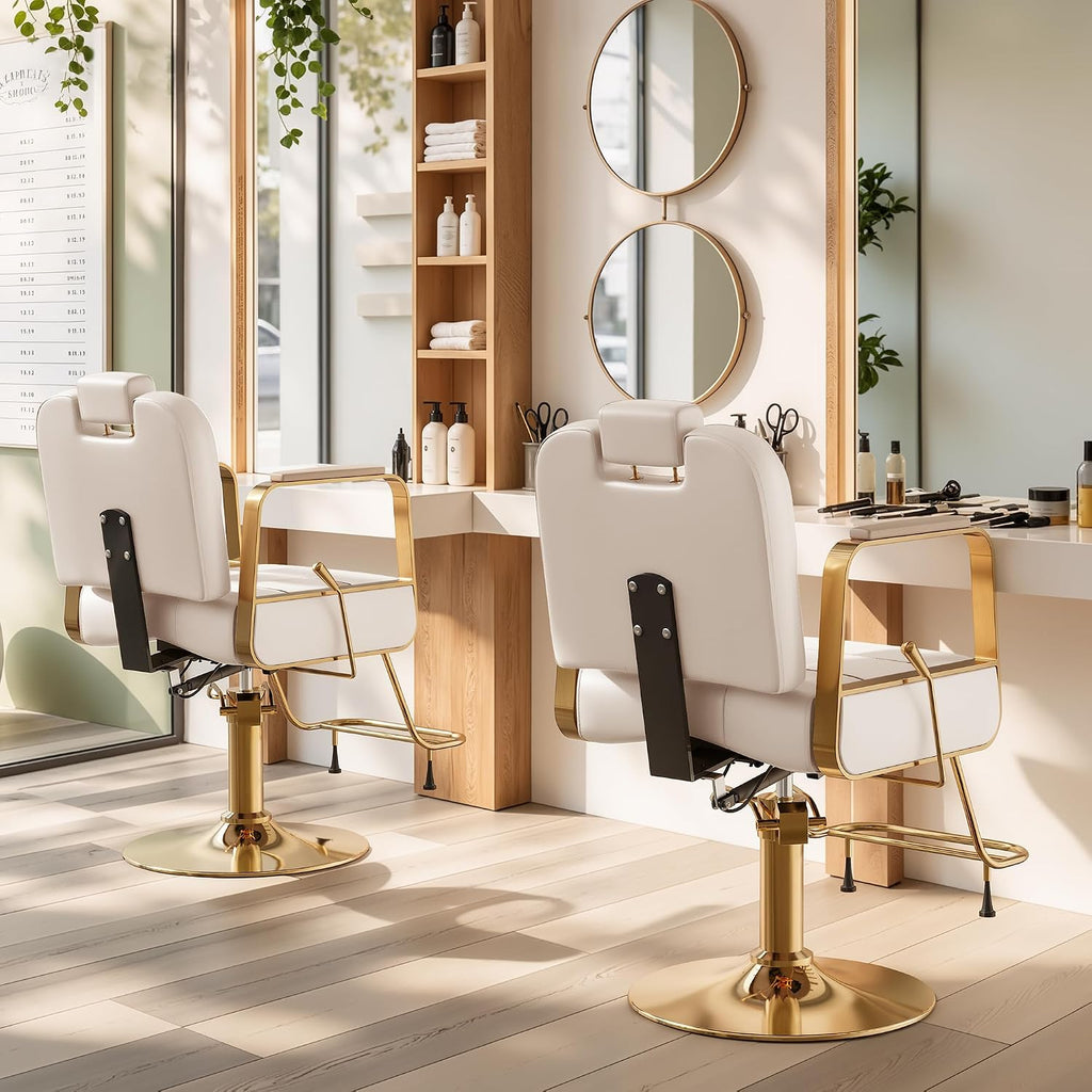 Barber Salon Chair for Hair Sylist, Hydraulic Salon Chairs with Headrest, Height Adjustable Barber Chairs, Reclining Barber Styling Chairs, 360 Degrees Rotation Shampoo Chair for Barbershop(White)