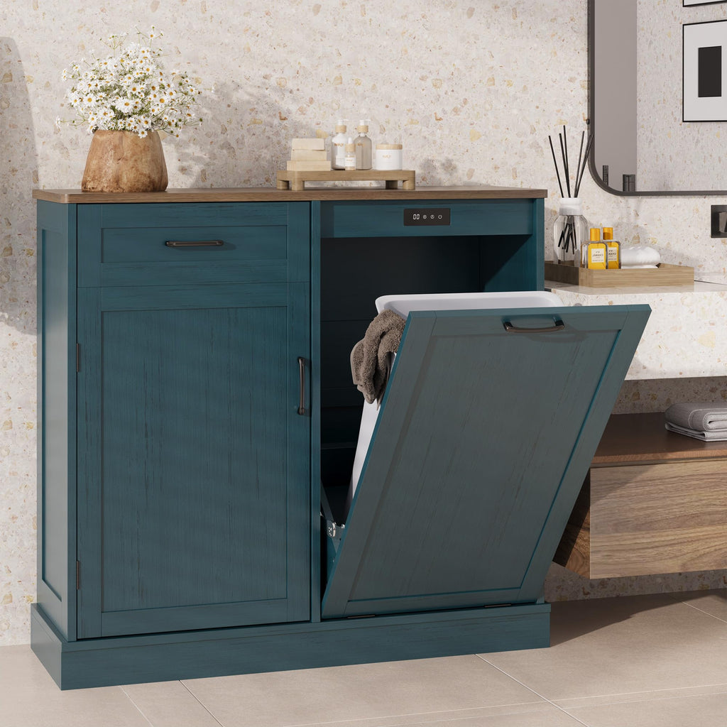 LOUVIXA Double Tilt Out Trash Cabinet, Kitchen Island with Trash Storage, Trashcan Cabinet for Kitchens, Wood Cabinet with Trash Can Pull Out, Dog Proof Trash Can (Off White, 20 Gal)