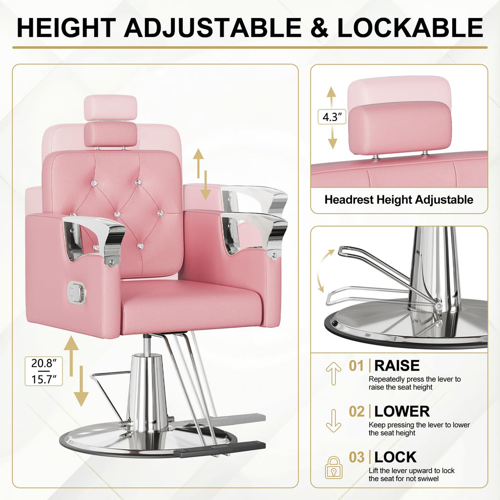 LOUVIXA Barber Chair Reclining, Salon Chairs for Hair Stylist, Height Adjustable Salon Styling Chair, Heavy Duty Barber Chairs, 360 Swivel Barbershop Chair (Rosa-Sliver, 330LBS)