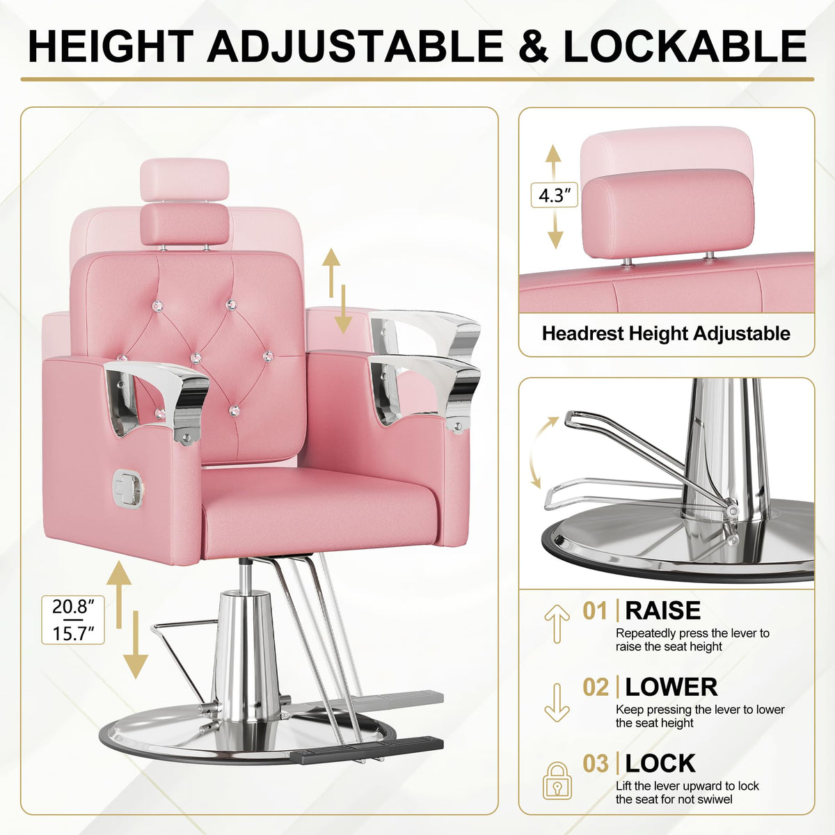 LOUVIXA Barber Chair Reclining, Salon Chairs for Hair Stylist, Height Adjustable Salon Styling Chair, Heavy Duty Barber Chairs, 360 Swivel Barbershop Chair (Rosa-Sliver, 330LBS)