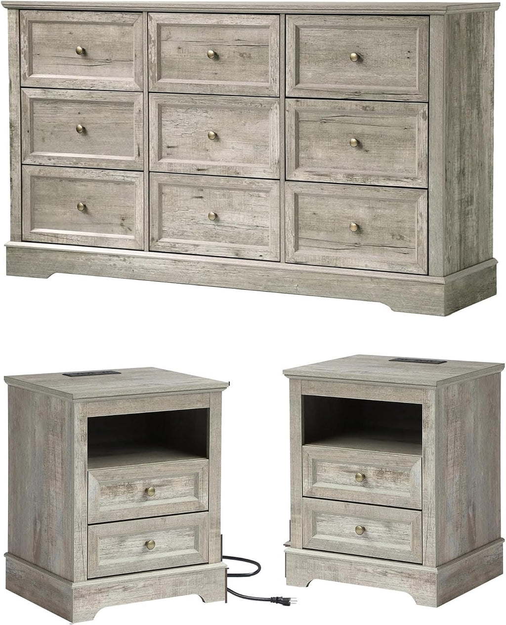 LOUVIXA Farmhouse Bedroom Sets of 3, Including 9 Drawer Dresser, Nightstand Set of 2 with Charging Station (Grey Sets)