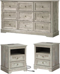 LOUVIXA Farmhouse Bedroom Sets of 3, Including 9 Drawer Dresser, Nightstand Set of 2 with Charging Station (Grey Sets)