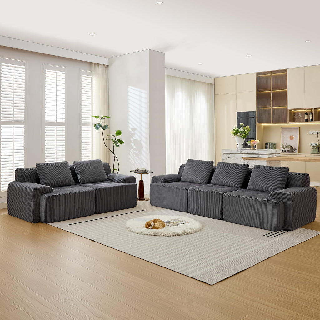 Modular Sectional Sofa, Boneless Couches for Living Room, Corduroy Couch, Big Comfy Couch, Modular Cloud Sofa with Deep Seat (Grey, 2 Pieces-Loveseat)