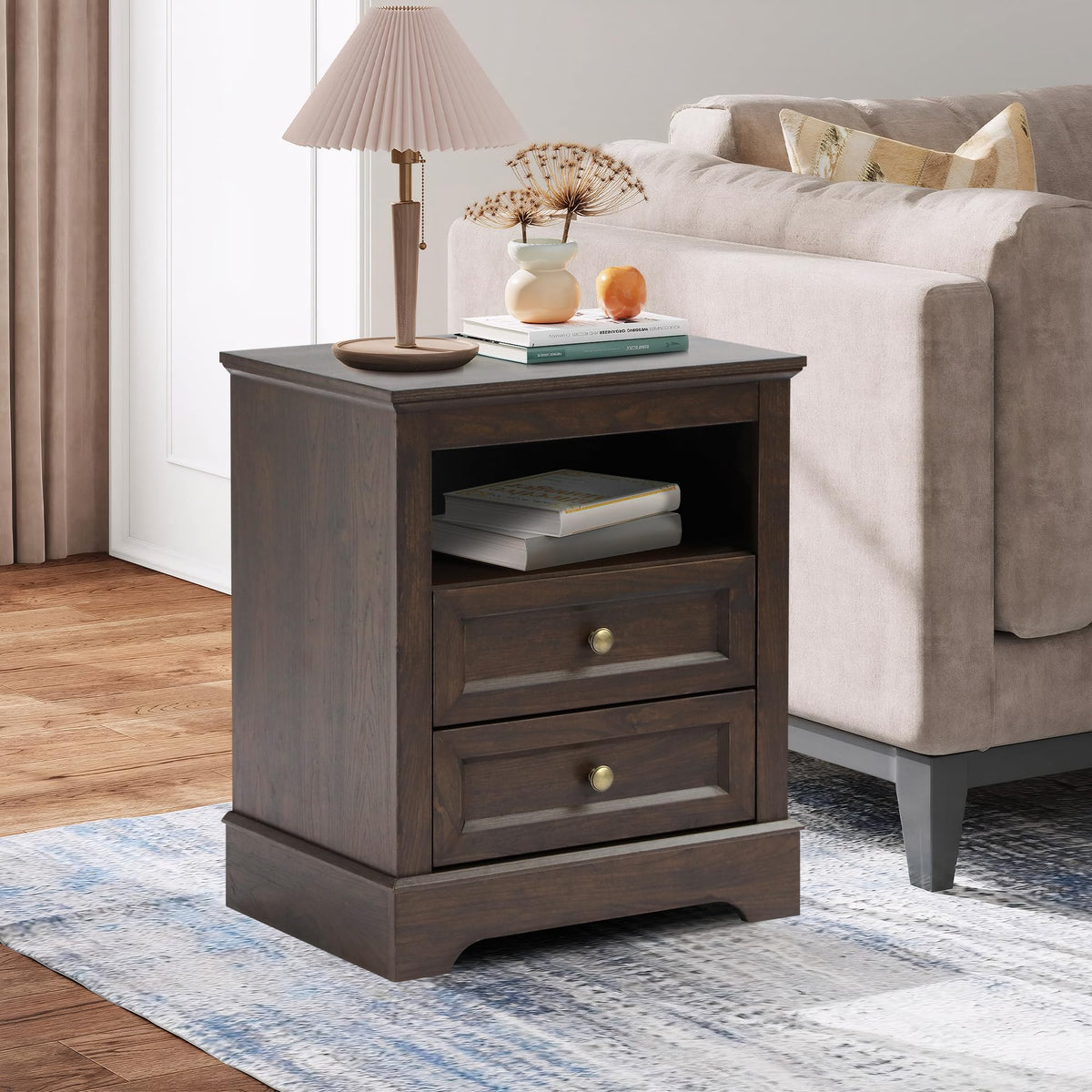 LOUVIXA Nightstand with Charging Station, Farmhouse Night Stand with 2 Drawers, Bedside Cabinet for Bedroom, End Table Side Table with Storage (1, White)