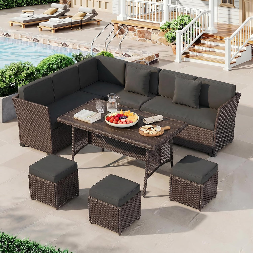 LOUVIXA 7 Pieces Patio Furniture Set, Outdoor Patio Furniture, Wicker Conversation Set with Dining Table, Chairs and Ottoman (6237 Grey-Brown)