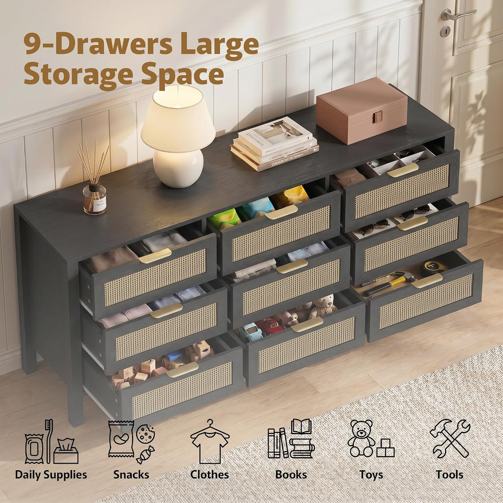 LOUVIXA Rattan Chest of Dressers, Wooden Drawer Dresser, 9 Drawers Rattan Dresser for Bedroom, Living Room, Hallway (Black, 9 Drawers)