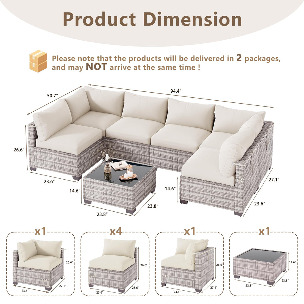 LOUVIXA 7 Piece Outdoor Patio Furniture Set, Rattan Chairs Glass Table Wicker Conversation Seating Sectional Sofa with Cushions (Brown-Camel, 7Pcs-2 Layer Coffee Table)