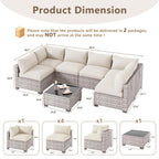 LOUVIXA 7 Piece Outdoor Patio Furniture Set, Rattan Chairs Glass Table Wicker Conversation Seating Sectional Sofa with Cushions (Brown-Camel, 7Pcs-2 Layer Coffee Table)