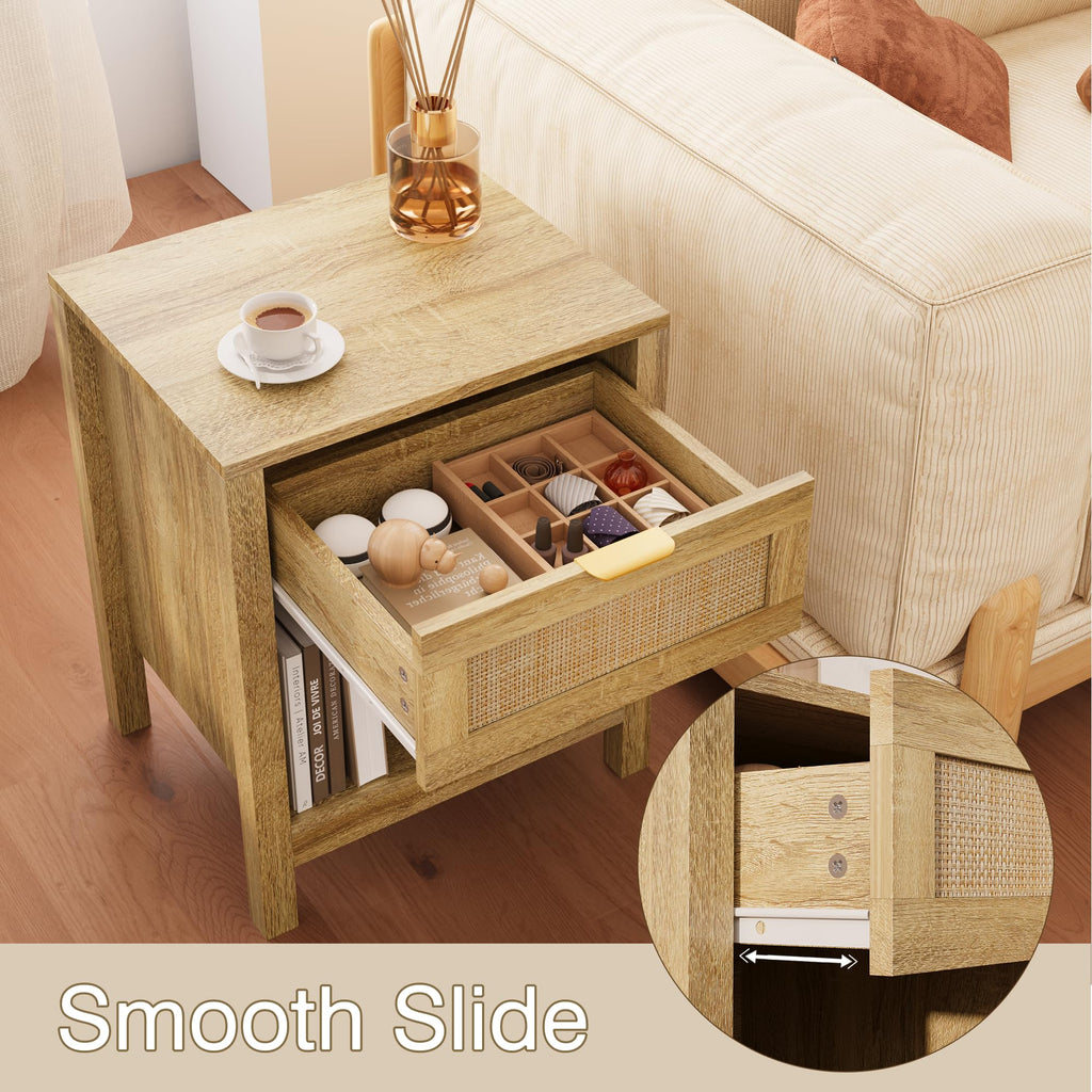 LOUVIXA Rattan Nightstand Set of 2, Boho Bed Side Tables, Nightstand with Drawer and Storage Shelf, Rattan End Tables for Living Room, Bedroom, Small Space