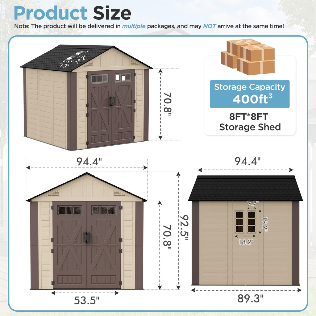 8x6 Resin Shed with Floor, Plastic Storage Shed with Window, Outside Storage Sheds with Lockable Door, Vents for Backyard, Garden, Lawn (8FTx6FT)