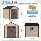 8x6 Resin Shed with Floor, Plastic Storage Shed with Window, Outside Storage Sheds with Lockable Door, Vents for Backyard, Garden, Lawn (8FTx6FT)