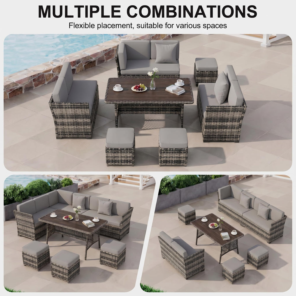 LOUVIXA 7 Pieces Patio Furniture Set, Outdoor Patio Furniture, Wicker Conversation Set with Dining Table, Chairs and Ottoman (6237 Grey-Brown)