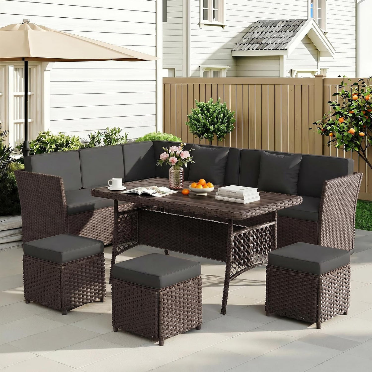 LOUVIXA 7 Pieces Patio Furniture Set, Outdoor Patio Furniture, Wicker Conversation Set with Dining Table, Chairs and Ottoman (6237 Grey-Brown)