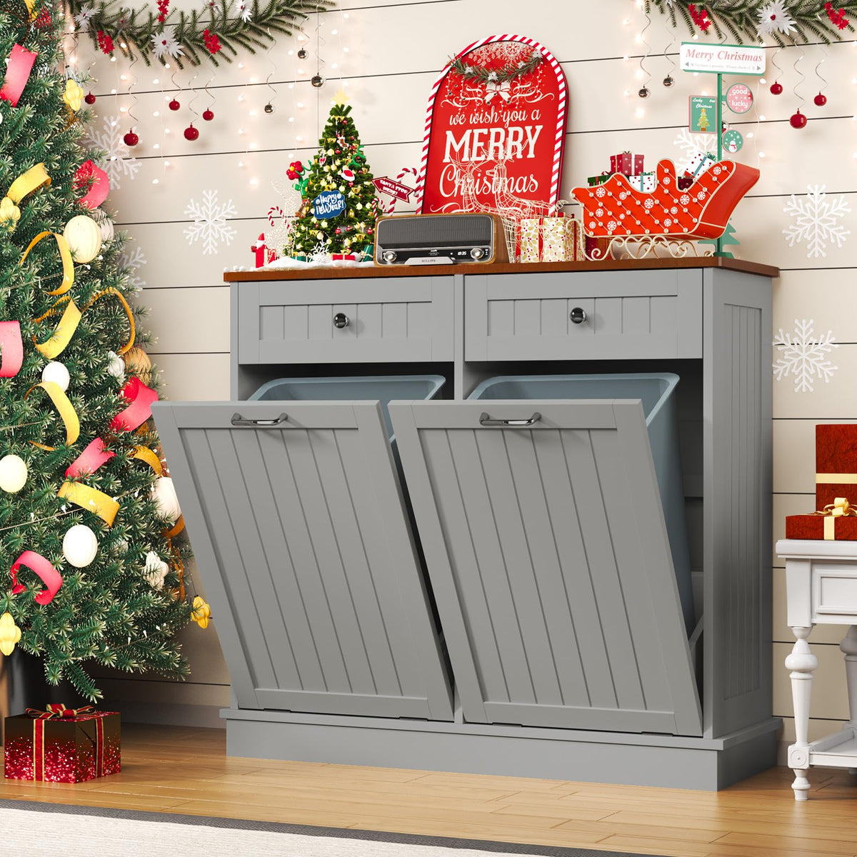LOUVIXA Tilt Out Trash Can Cabinet Dog Proof with Double Wood Hidden Trash Can Holder, Kitchen Free Standing Recycling Cabinet（Black）