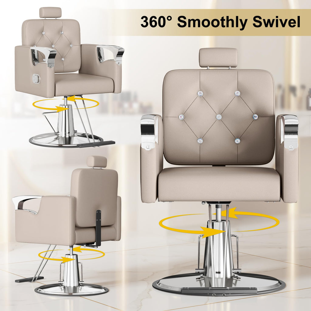 LOUVIXA Barber Chair Reclining, Salon Chairs for Hair Stylist, Height Adjustable Salon Styling Chair, Heavy Duty Barber Chairs, 360 Swivel Barbershop Chair (Rosa-Sliver, 330LBS)
