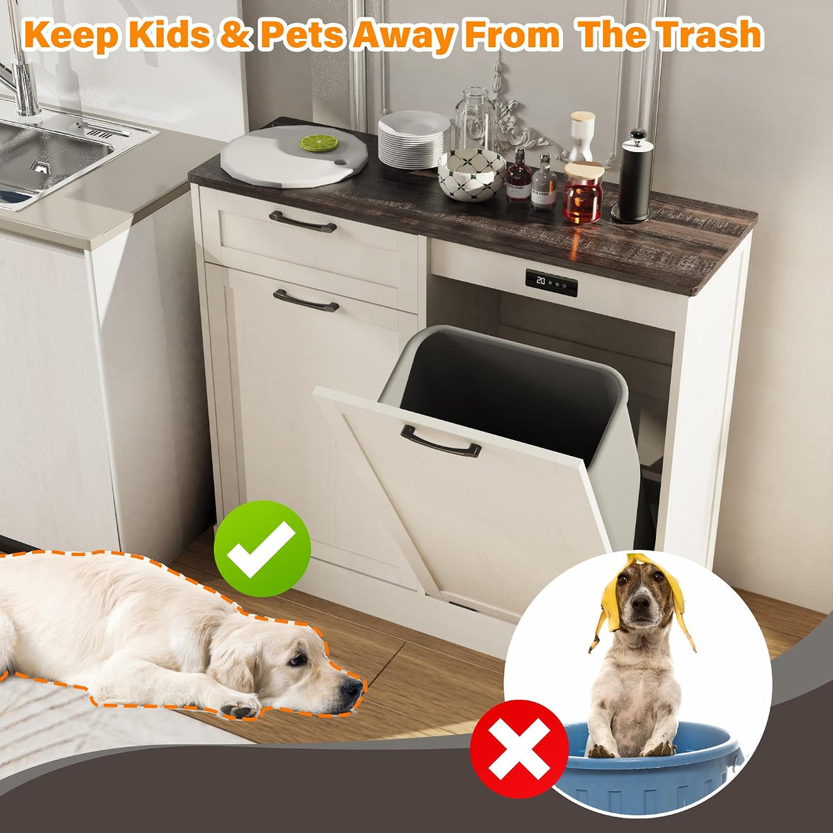 LOUVIXA Double Tilt Out Trash Cabinet, Kitchen Island with Trash Storage, Trashcan Cabinet for Kitchens, Wood Cabinet with Trash Can Pull Out, Dog Proof Trash Can (Off White, 20 Gal)