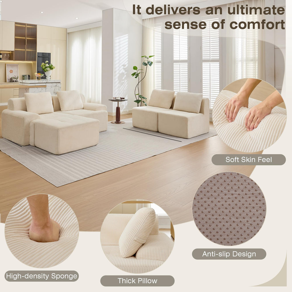 Modular Sectional Sofa, Boneless Couches for Living Room, Corduroy Couch, Big Comfy Couch, Modular Cloud Sofa with Deep Seat (Grey, 2 Pieces-Loveseat)