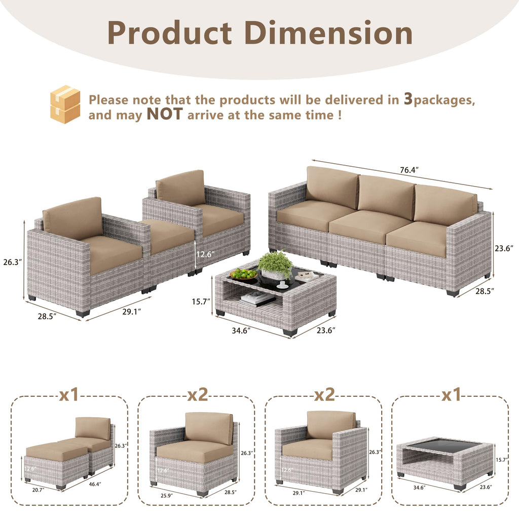 LOUVIXA 7 Piece Outdoor Patio Furniture Set, Rattan Chairs Glass Table Wicker Conversation Seating Sectional Sofa with Cushions (Brown-Camel, 7Pcs-2 Layer Coffee Table)