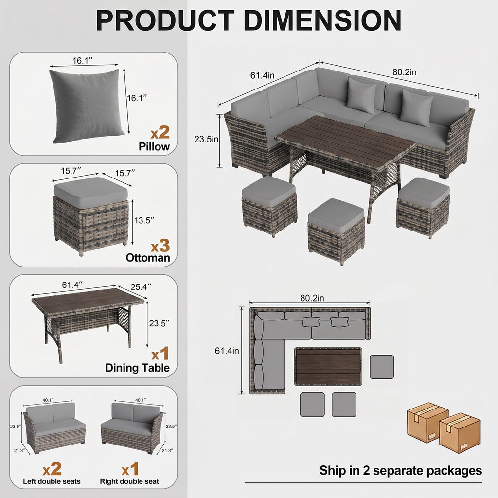 LOUVIXA 7 Pieces Patio Furniture Set, Outdoor Patio Furniture, Wicker Conversation Set with Dining Table, Chairs and Ottoman (6237 Grey-Brown)