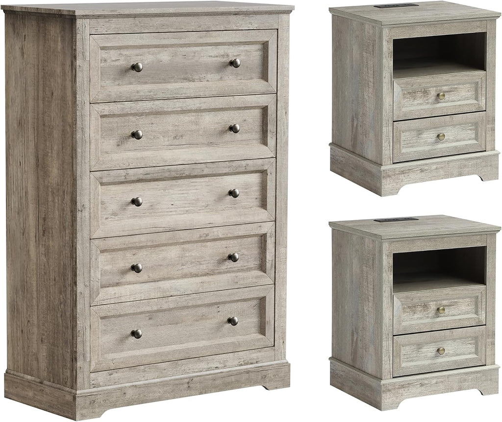 LOUVIXA Farmhouse Bedroom Sets of 3, 3Pcs Farmhouse Dresser Set, Including 5 Drawer Dressers and Nightstand Set of 2 with Charging Station (Grey Sets