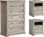 LOUVIXA Farmhouse Bedroom Sets of 3, 3Pcs Farmhouse Dresser Set, Including 5 Drawer Dressers and Nightstand Set of 2 with Charging Station (Grey Sets