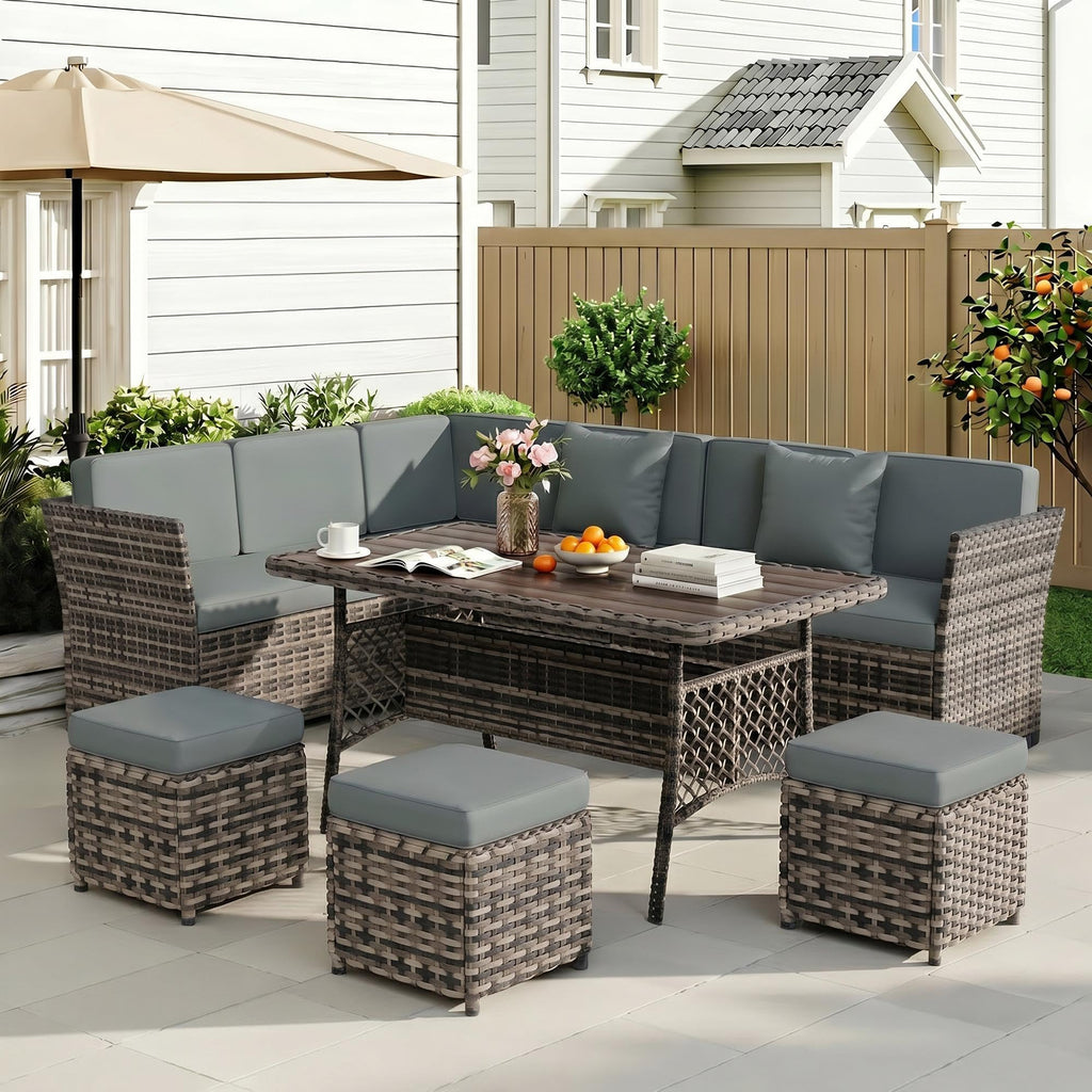 LOUVIXA 7 Pieces Patio Furniture Set, Outdoor Patio Furniture, Wicker Conversation Set with Dining Table, Chairs and Ottoman (6237 Grey-Brown)